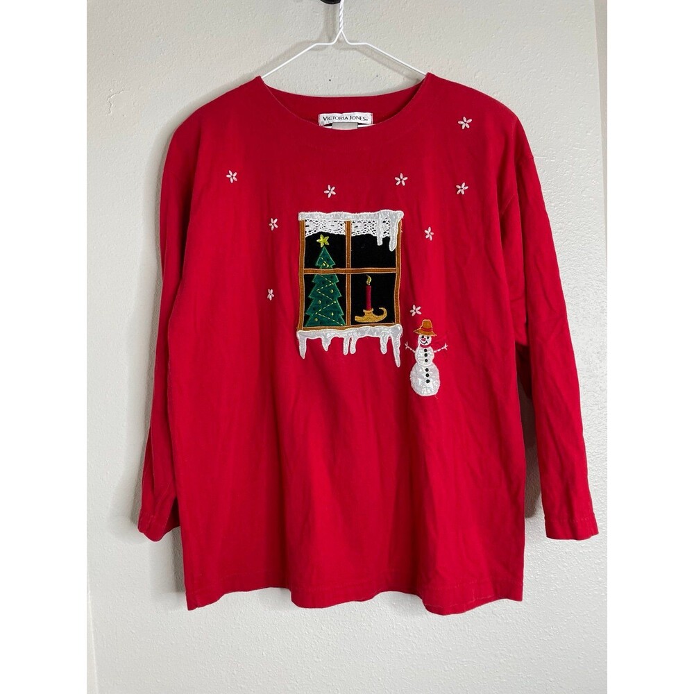 Vintage Christmas Embroidered Top XL • Cute Snowman Holiday Red Long Sleeve - Picture 1 of 6